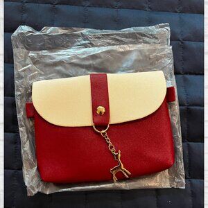 Small Rose Red Handbag Purse with Gold Deer Pendant - Clutch or Crossbody‎ Bag